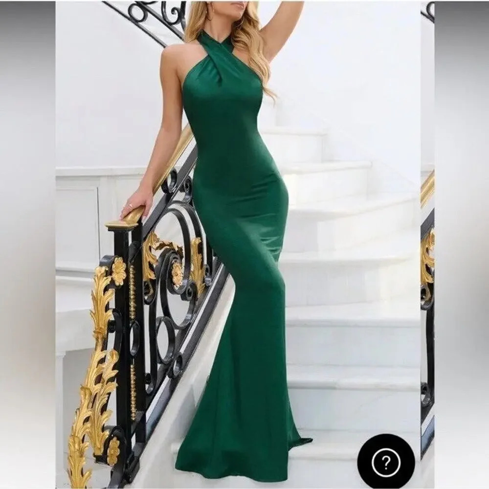 Club L London Unstoppable Bottle Green Satin Cross Over Halter Maxi Dress Size 6